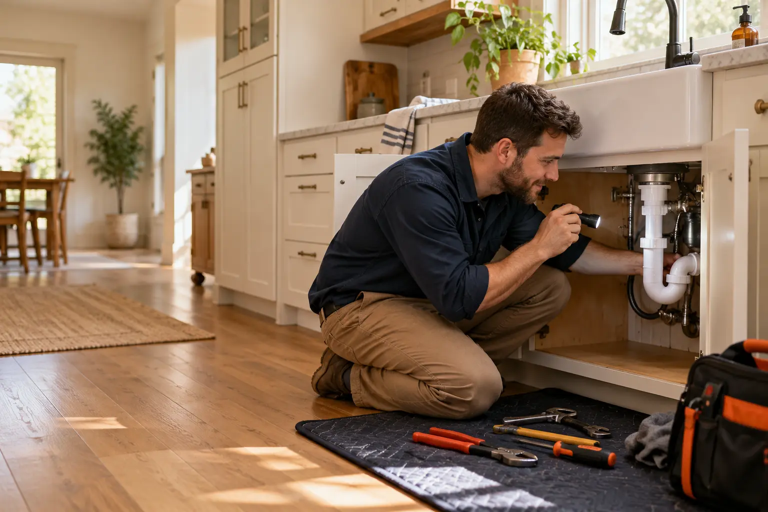 A dad inspecting the kitchen sink trap with a flashlight