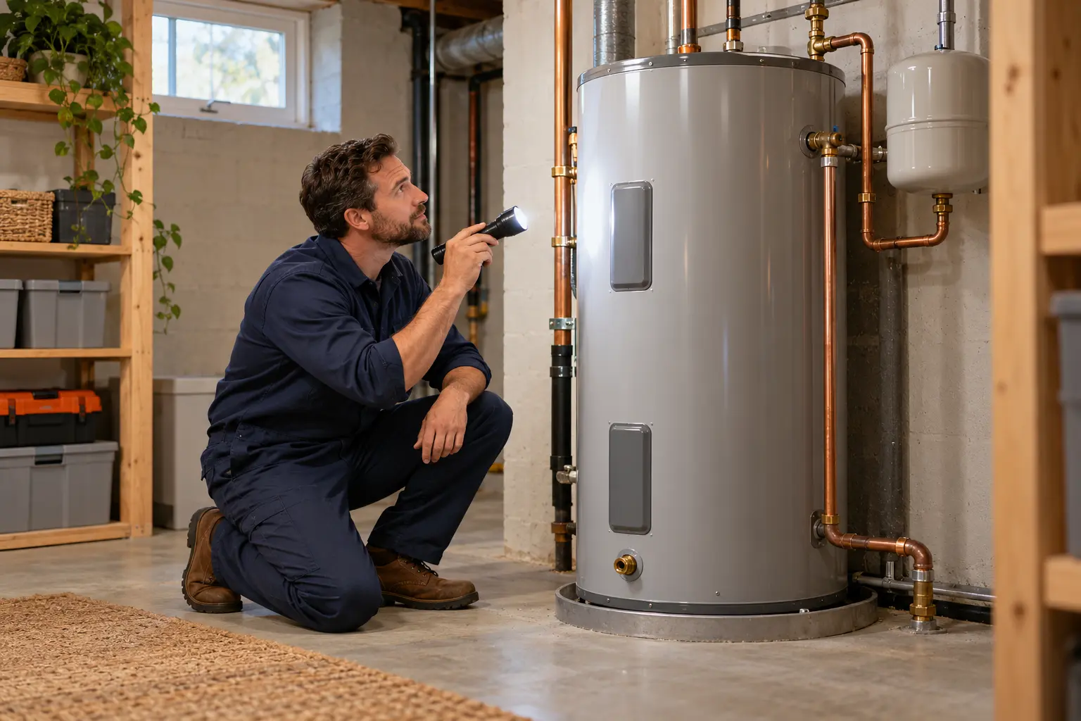 Technician checking a basement gas water heater with a flashlight