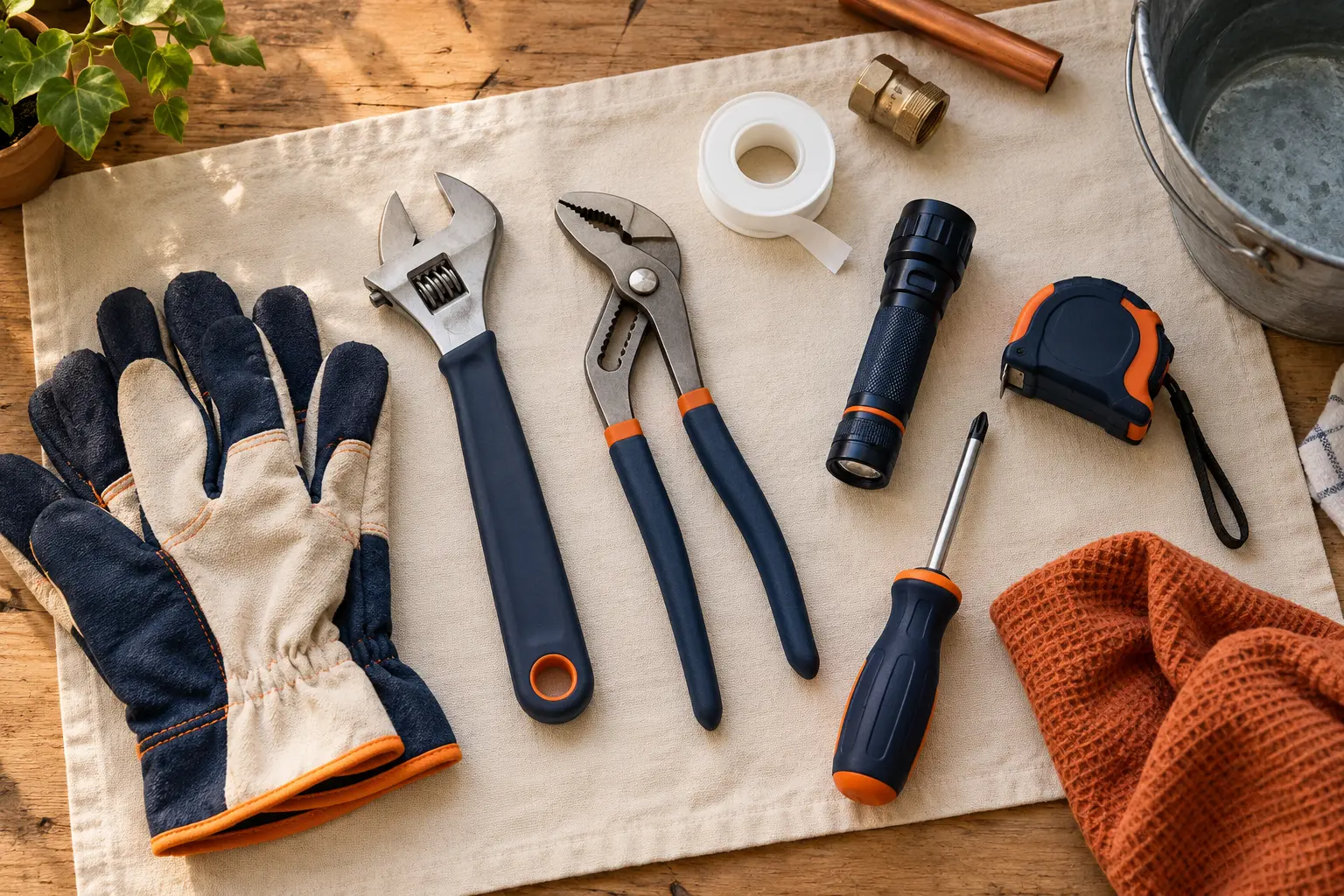 Pliers, wrenches, gloves, and thread tape laid out on a cloth