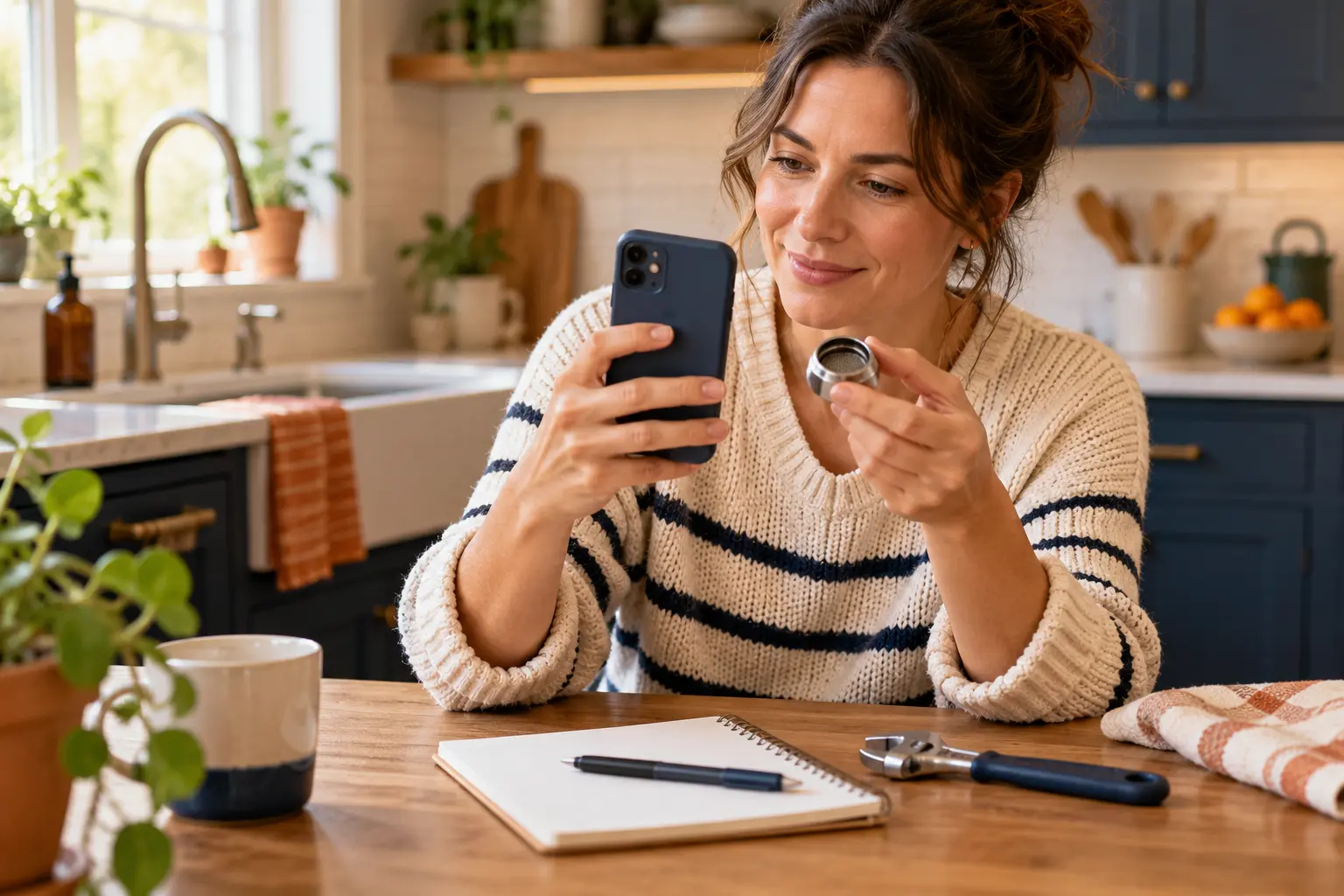 Homeowner checking a faucet aerator while looking at her phone