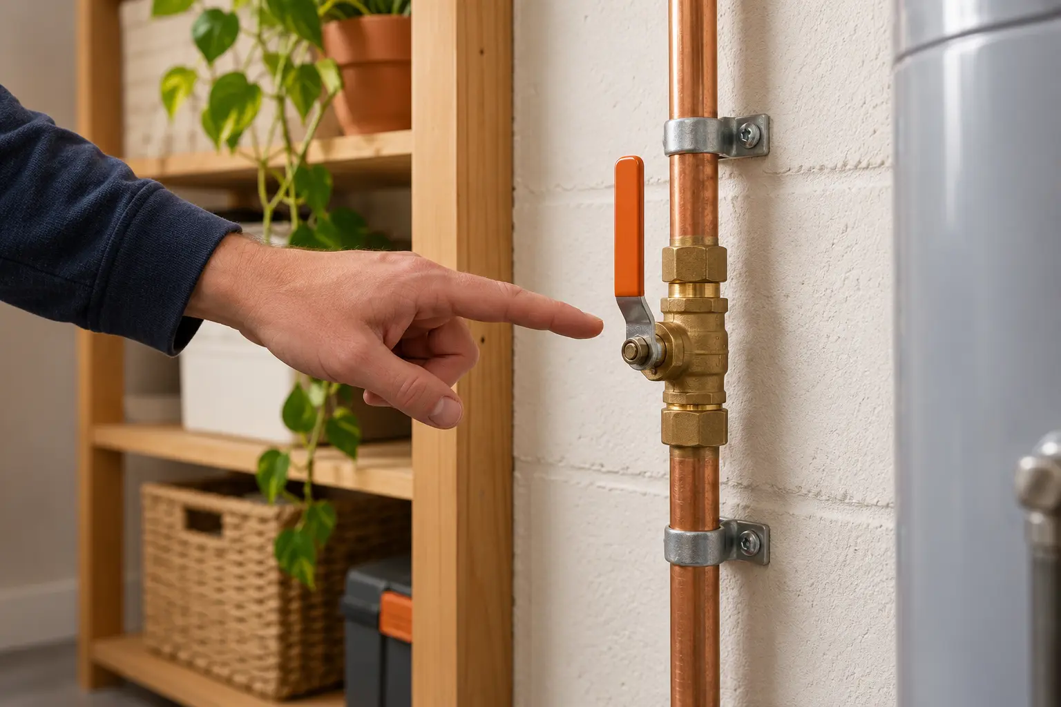 Main water shutoff valve with an orange lever handle