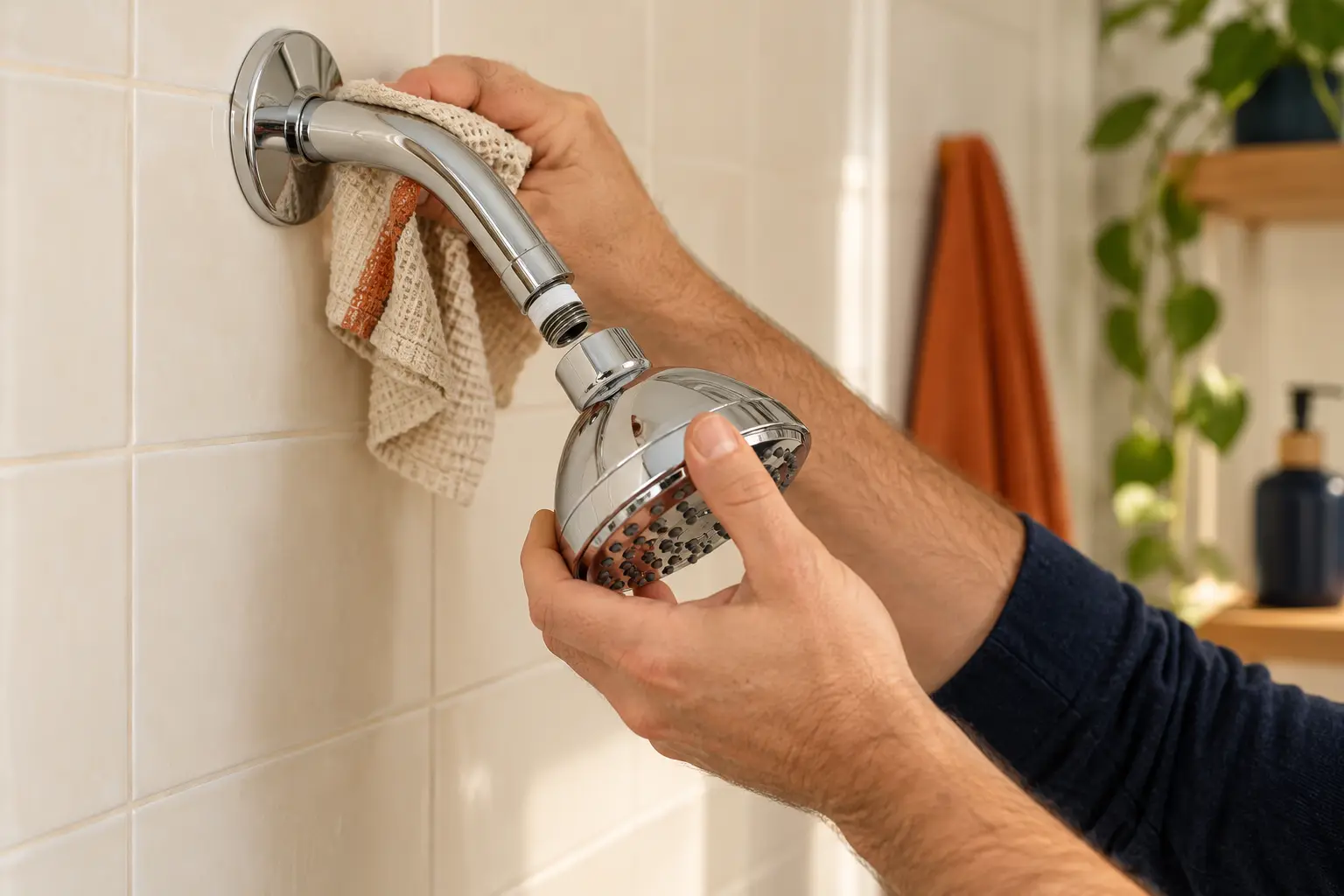 Hands threading a new chrome shower head onto the shower arm