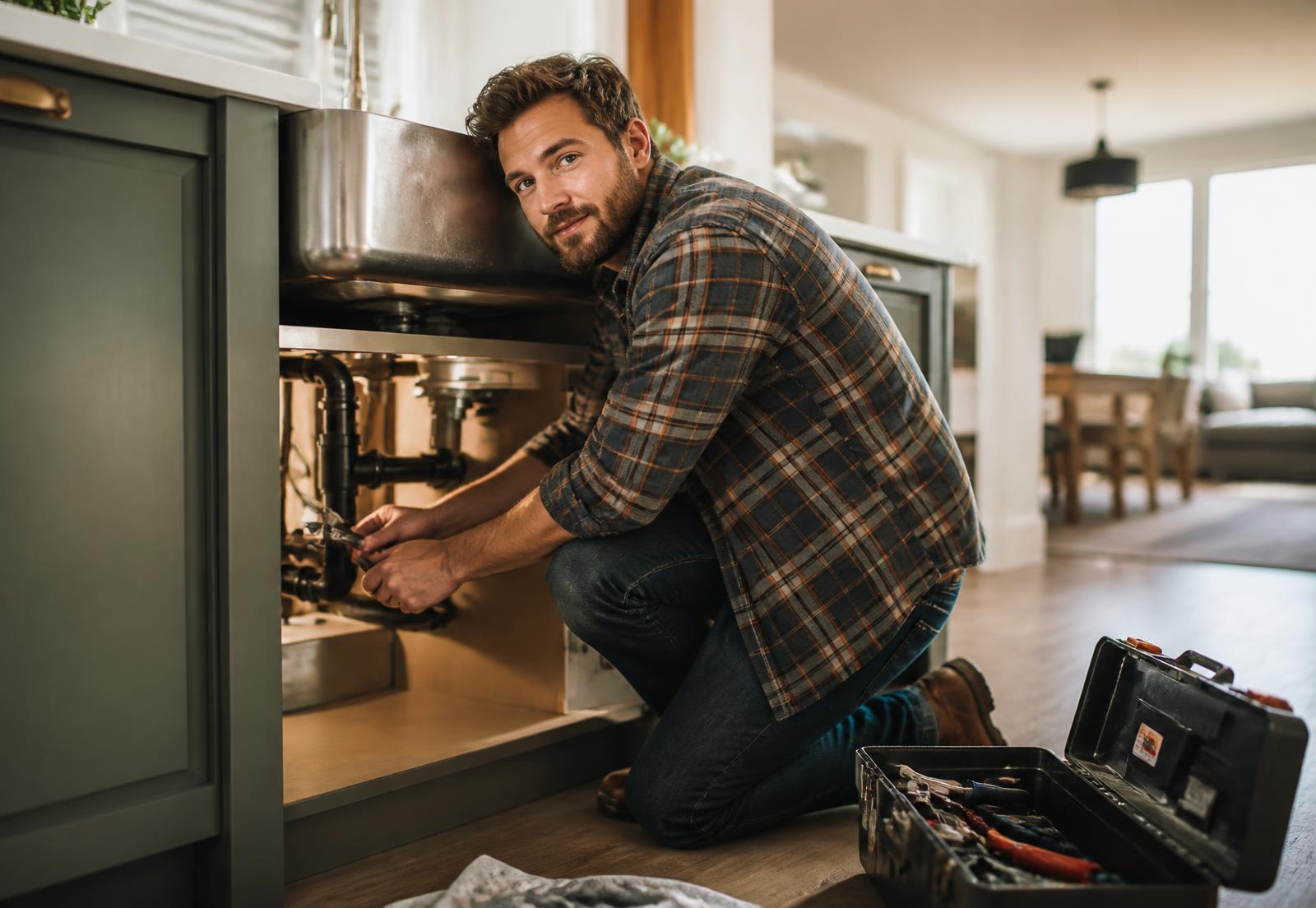 A young dad kneeling with a wrench under a kitchen sink in a Utah home
